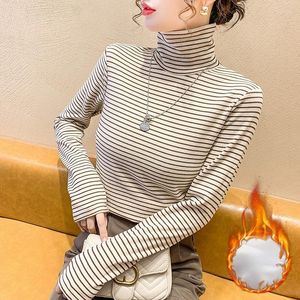 T-shirt da donna T-shirt a collo alto a maniche lunghe da donna Slim Casual Velvet Stripe Spessa e calda Stile coreano Autunno Inverno