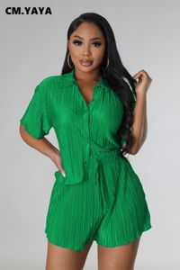 Women's Two Piece Pants CM.YAYA Street Vintage Pleated Set Short Sleeve Shirt Blouse and Shorts Suit INS 2 Outfit Tracksuit 230511