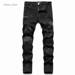 designer jeans Men's Jean Amirres Denim Mens Pants Brand Youth Elastic Cotton Black Hole Patch with Willow Nail Paint Fashion WL7J
