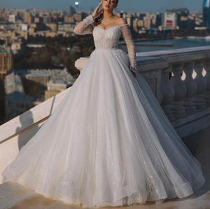 Stylish Ball Gown Wedding Dresses Bateau Long Sleeves Pearls Sequins Appliques Beaded Floor Length Ruffles 3D Lace Shiny Bridal Gowns Plus Size Vestido de novia