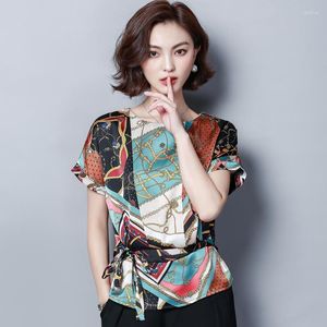 Women's T Shirts 2023 Summer Boho Print Satin Top Silk Short-Sleeve Womens Bluses Office Lady Big Size 4xl Bow Woman Blusas Mujer de Moda