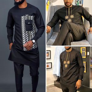 Tute da uomo Primavera Autunno Ricamo Casual Dashiki Stile nazionale Elegante abito nobile per pantaloni camicia a maniche lunghe da banchetto