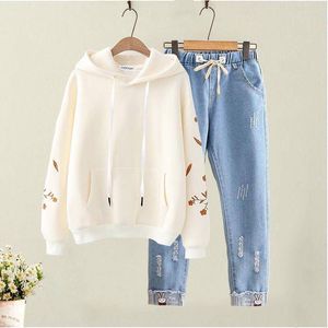 Pontas de duas peças femininas Mulheres 2023 Autumn Winter FashionSuit Feminino Terno esportivo fêmea Capuz Sorto 2 Conjuntos casuais de jeans do conjunto Y826