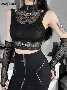 Kvinnors tankar Camis Goth Dark Skull Fishnet Mall Gothic Women Tank Tops Grunge Eesthetic Punk Black Crop Top With Glove E-Girl Emo Alternative Vests 230511