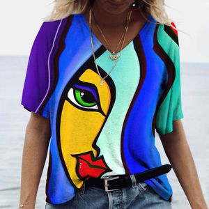 T-Shirt 2023 Summer Facial Art Iris 3D Abstract Painting T-shirt con scollo a V da donna Loose Leisure Street Top multi colore P230523