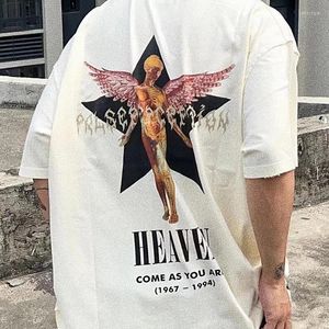 Camisetas masculinas Percepção falsa Pentagrama anjo impressão high street vintage destrói algodão de alta qualidade homens mulheres solteiras de manga curta solteiras camisetas