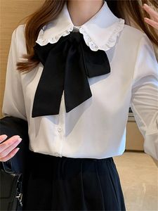 Kvinnors blusar Bow Shirt for Women Spring 2023 Button Up Wanding Down Collar White Tops Office Ladies Casual Long Sleeve