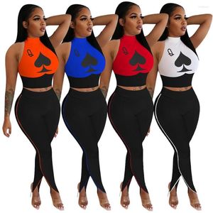 Women's Two Piece Pants Sleeveless Set Women Turtleneck Pinted Poker Q Crop Top Tight Tail Bottom Club Party Street S-4XL