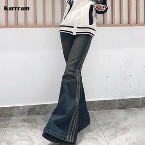 女子ジーンズKARRRAM GRUNGE FLARE PINGGANG RENDAH CELANA DENIM BERGARIS BAWAH LONCENG HARAJUKU Y2K MENGEPEL KURUS 2000S 90S 230510