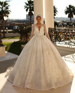 Royal Ball Gown Wedding Dresses Long Hermes V Neck paljetter Applique Ruffles Bridal Glows Pärlor LACE-UP Diamonds Formell klänning Plus Size Custom Made Vestido de Novia