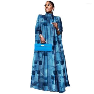 Ethnic Clothing Blue African Dresses For Women Traditional Fall High Neck Loose Print Long Sleeve Maxi Dress Robe Fashion Muslim Abaya