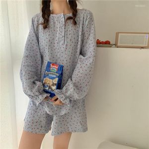 Women's Sleepwear Korean Cherry Print Summer Pajamas Set Women O-Neck Cotton Home Suit Blue Pink Sweet Vintage Japanese Clothes 2023