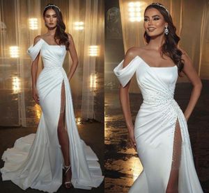 Sexy Mermaid Wedding Dresses One Shoulder Backless Satin Beaded Sequined High Side Split Sweep Train Bridal Gown Second Reception Dresses Vestidos De Noiva