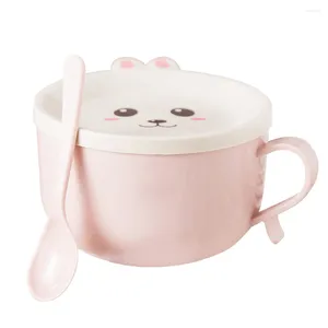 Förvaringsflaskor rostfritt stål dubbelskikt Instant Noodles Bowl med lock och skikt tecknad lunchlåda matisolering container (rosa)