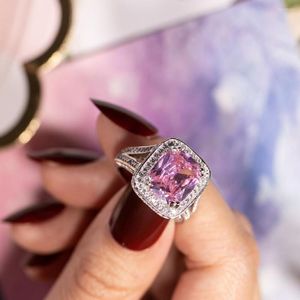 Cluster Rings Handmade 925 Silver Ring Finger Big Pink Princess-cut 10ct Simulated Diamond Pave 192pcs Cz Wedding For Women Jewelry