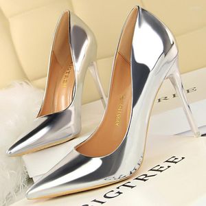 Dress Shoes Women Patent Leather Shallow Pumps Gold Silver Heels Plus Size 43 Office Lady Sexy Fetish 10.5cm High BIGTREE