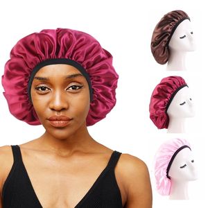 Ny stor Satin Bonnet Silk Night Sleeping Cap med Elastic Band Curly Braid Hair Make Up Wash Cap för Fashion Lady Women