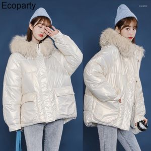 Trincheira feminina Casacos 2023 Moda Glosty Metallic Parka for Women Winter Collar Furry Capuz Capuz de jaqueta quente Lady Chic White Loose Leisure