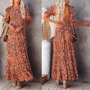 Casual Dresses Fashion Print Bohemian Dress Women Short Puff Sleeve O Neck High midje Halter Corset Long Maxi