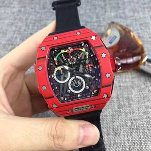 Mechanical Richamill Watch Chronograph Super Wrist RMS50-03 Tide Red Carbon Fiber Men's Calender Personlig band Fashion Glow Designer Fantastisk hög kvalitet