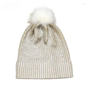 Berets Unique Sparkly Sequins Hat With Fur Ball Autumn Winter Warm Knitted Hats For Women Female Shiny Party Beanie Skullies Cap