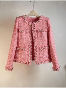 Женские куртки французский дизайнер весенний розовый твидовый шерстяной клетчатый клетчатые топы женские жемчужины o nece ocke button tassel верхняя одежда шикарно