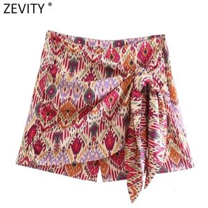 Damenshorts Zevity Women Totem Floral Print Bermuda Damen Chic Side Zipper Bow Tied Casual Röcke Pantalone Cortos P1231 230510