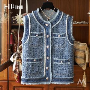 Kvinnors västar faller koreanska kvinnor retro smala fickor rutig tofs vest kvinnlig västväst virkning frayed denim väst kappa enkelbröst tank tops 230511