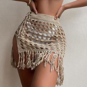 Women's Swimwear Women Knitted Sarongs CoverUps Solid Color HollowOut SeeThrough Tassel Mini Beach Skirts Summer Drawstring Slit Swimsuit 230510