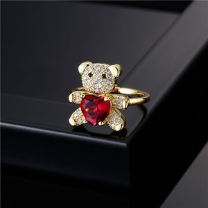 Симпатичное CZ Heart Bear Ring Регулируемые микропрофессиональные медные кольца украшения