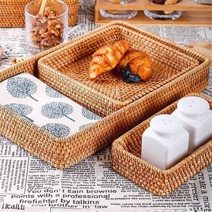 Storage Baskets Handwoven Rattan Tray Wicker Bread Fruit Food Breakfast Picnic Kitchen 230510