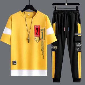 Herrspårar Mens Joggers Set Mens Clothes Korean Fashion Outfit Set Print T-Shirt Multi-Pocket Cargo Pants Two Piece Set Summer 230511