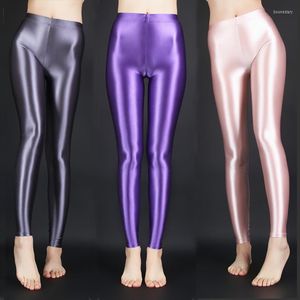 Kvinnors leggings kvinnor sexig silkeslen glansig hög elastisk yogabyxor smal passande stretchy dans slitage tights fotlösa strumpbyxor m-xl