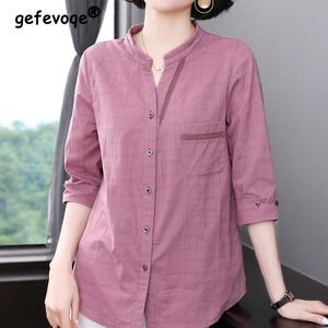 Shirt 2022 New Summer Cotton Linen Fashion Casual Vintage Plaid 3/4 Sleeve Oversized Comfortable Simple Shirt Blouse Female Loose Top