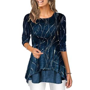Damskie koszulki fałszywe dwa nieregularne damskie nadruk tunikowy Oneck 34 Tops Tops Autumn Casual Ladies S Street Pullover 230510
