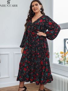 Sukienki plus size shestarr wielkość kobiety szyfonowy kwiatowy nadruk vneck huśtawka długie rękaw wysokim talia luźne midi lato na 230510