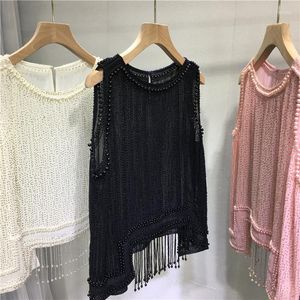 Kvinnors tankar lyxiga handgjorda pärlor Tassel ärmlös t-shirt 2023 Summer Women Camisole All-Match Chiffon Vests Top Black