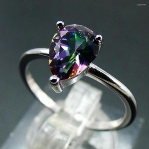 Cluster Rings 925 Sterling Silver Pear Rainbow Mystic Topaz Engagement Wedding Ring For Gift