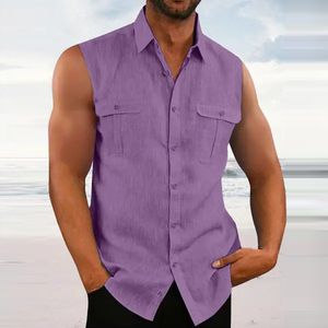 Camicie casual da uomo per il tempo libero canotte in lino di cotone 2023 primavera estate tinta unita con bottoni risvolto canotta senza maniche camicia moda canotta 230511