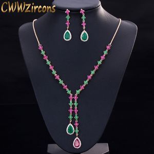 Bröllop smycken set cwwzircons vackra gröna och röda cz zirkoniumsten 4 blad lång droppe fest halsband örhängen för kvinnor t225 230511