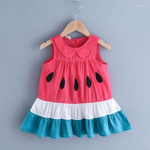 Flickaklänningar 2023 Fashion Kids Baby Girls Causal Sleeveless Casual Princess Collar Stitching Watermelon Print