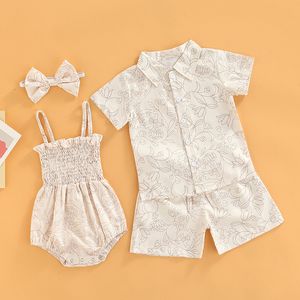 Family Matching Outfits Toddler Brother Sister Cute Floral Romper Short Sleeve Button Shirt Shorts Summer Baby Clothes 230511