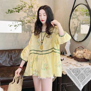 Kvinnors blusar avslappnad tryckt rund nackblus topp kvinnlig 2023 sommar koreansk version Lossa Lace Up Lantern ärmar Puffy Hem Shirt Women