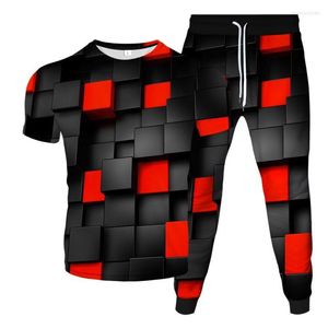 Herren-Trainingsanzüge, Gitter, Rot, Schwarz, bunt, magischer Würfel, bedruckt, für Männer und Frauen, modisch, 3D-Trainingsanzug, T-Shirt, Hose, 2-teiliges Set, Sommer-Freizeitkleidung