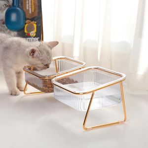 Feeding Pet Bowl Highfooted Tilt Dog Cat Food Bowl Drinking Water Double Bowl Transparent Protect Cervical Spine Feeder For Puppy Kitty