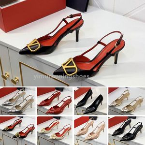 Sandals for Women High Heels Pointed Casual Shoes Classics Metal V-buckle Thin Heel 6cm 8cm 10cm Genuine Leather Sexy Shallow Women's Red Wedding Shoes with Bag 34-44 L1