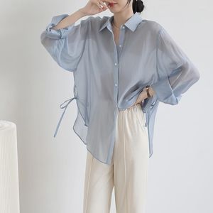 Kvinnor Bluses Sky Blue Elegant Japanese Design Sun Protection Shirt Women's 2023 Summer Korean Fashion Lace-up Solid Color Sheer Top