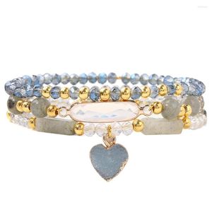 Strand Heart Charm Crystal Bracelet Set Women Men Labradorite Morganite Tiger Eye Stone White Gold Color Mini Spacer Beads