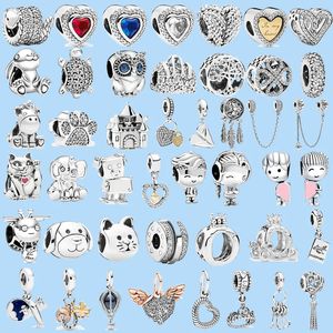 925 Sterling Silver Charms för Pandora smycken pärlor färg Lucky Cat Safety Chain Dog Paw Crown Owl Love Pendant