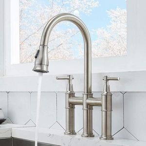 Kitchen Faucets Brushed Nickel Bridge Faucet 3 Hole Farmhouse With Pull Down Sprayer Two Handle High Arc 360 Swivel